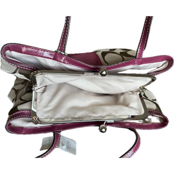 Coach Signature Stripe jacquard Patent Leather kiss lock cranberry khaki satchel - Picture 6 of 10
